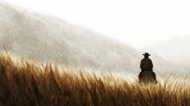 Lone rider wearing hat sits atop horse emerging from tall golden grasses under falling white particles