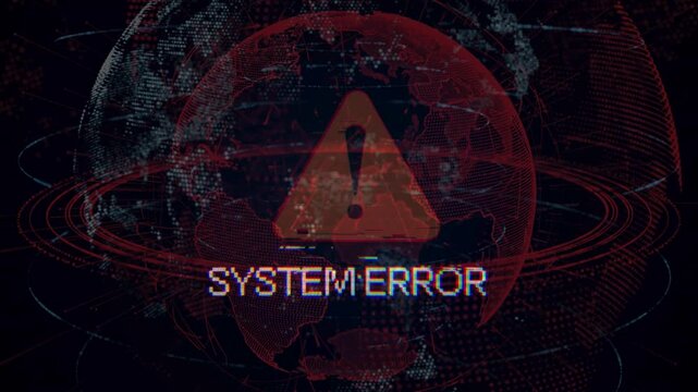 Glowing holographic earth with a yellow warning triangle and glitching "SYSTEM ERROR" text. Symbolizes global cyber attacks, network failures, or critical IT infrastructure breakdowns.