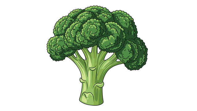Fresh head of green broccoli is personified with a grumpy or sad face at the base of its thick stalk in a humorous vegetable illustration.