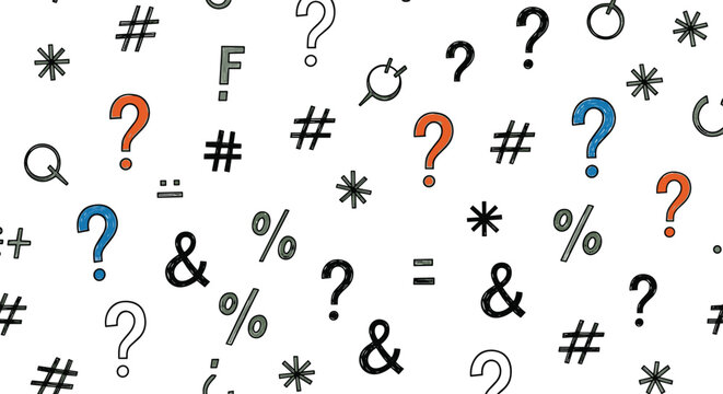 Abstract pattern of various colorful punctuation marks and mathematical symbols like question marks and hashtags on a white background.