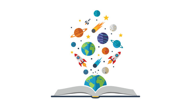 Open book revealing a magical universe with planets, rockets, comets, and stars representing the power of education and imagination.