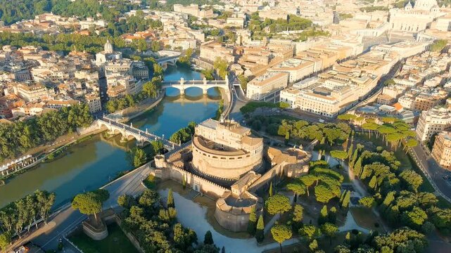 Rome, Italy. Tiber River. Castel Sant Angelo. Morning hours. Drone footage, Departure of the camera