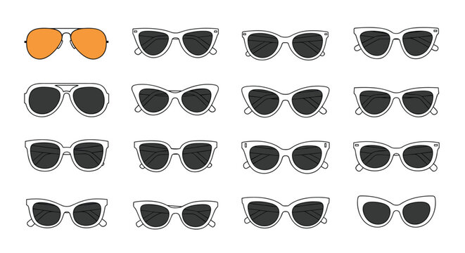 Large grid displays sixteen pairs of stylish sunglasses including black cat-eye frames and one standout pair of orange aviator lenses.