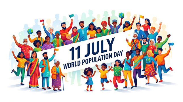 World Population Day illustration with diverse global community celebrating 11 July, multiethnic people crowd vector banner.