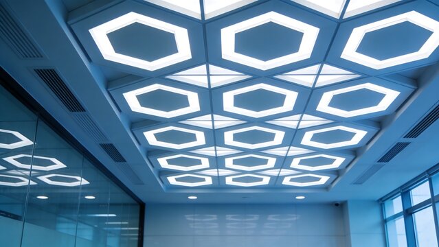 Generative AI depicts a modern ceiling with glowing hexagonal lights in an interior space