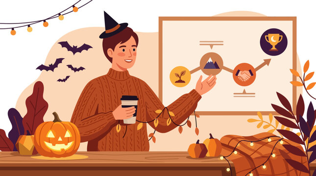 Flat vector illustration of a man wearing a witch hat and sweater presenting a business growth strategy on a whiteboard in a room decorated with pumpkins, bats and fall leaves.