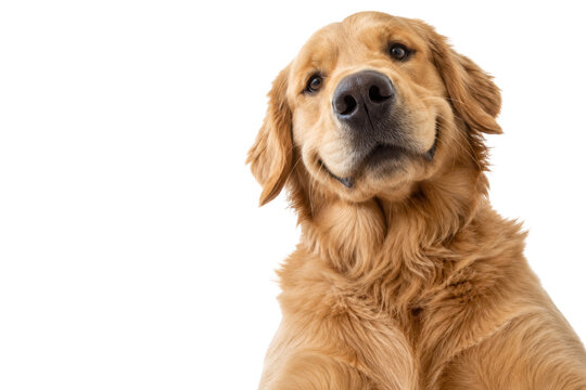 Funny close-up portrait of a golden retriever looking down into the camera with a friendly expression, isolated on a clean white background. Adorable pet dog with soft golden fur, curious gaze