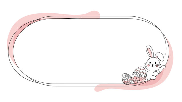 Empty oval frame with a cute white bunny and decorated colorful Easter eggs at the bottom corner for holiday greeting cards and labels.
