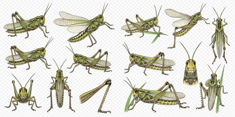 Grasshopper insect set in various poses and views, detailed realistic vector illustration on transparent background. © Ytaja