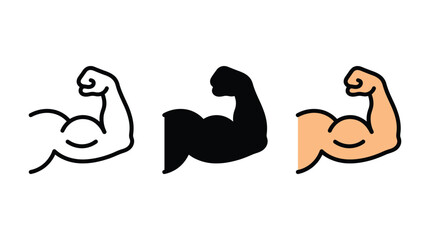 Naklejka premium Strong arm bicep muscle icon set featuring line art solid silhouette and color versions vector