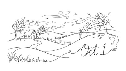 Obraz premium Continuous Line Art of Cozy Autumn Landscape with Falling Leaves and Trees Celebrating the First Day of October