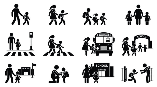 Diverse stick figure icons depicting parents and children walking to school together while carrying backpacks and interacting with school buses or crossing roads in a minimalist graphic style collecti