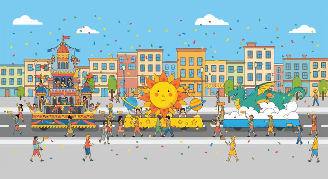 A vibrant parade scene with colorful floats and joyful people