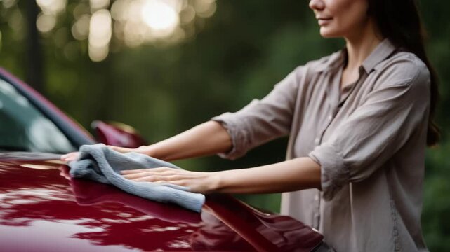Woman Polishing Red Car Hood with Microfiber Cloth Outdoors
