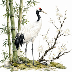 Fototapeta premium Watercolor Japanese Red Crowned Crane with Bamboo and Plum Blossoms Botanical Illustration