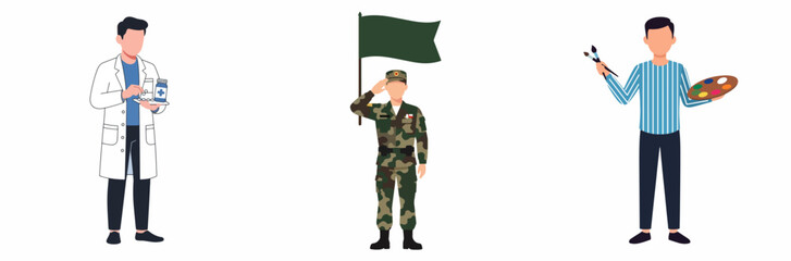 Fototapeta premium Three professions illustrated: doctor, soldier, artist with flag salute