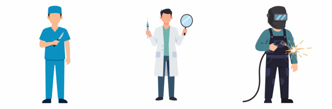 Three professionals: nurse, doctor, and welder in vector style