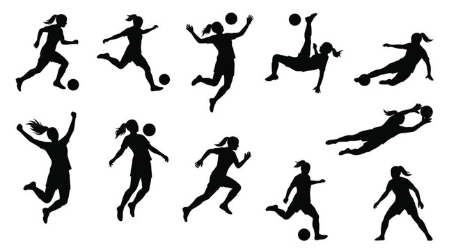 Collection of ten distinct black silhouettes depicting female soccer players in various dynamic poses including running kicking jumping and diving with balls to represent professional women sports com