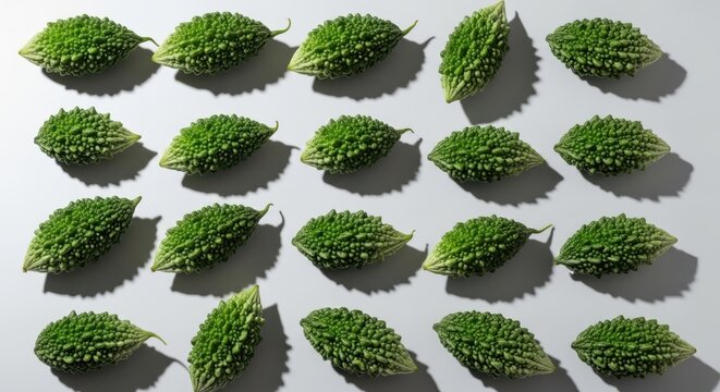 Neat grid pattern of fresh green bitter gourds with shadows on a light grey background