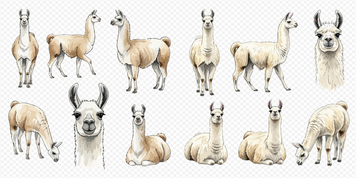Watercolor collection of cute llamas in various poses, isolated on a transparent background, showcasing different angles and expressions.