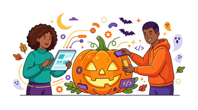Flat vector illustration of two diverse professionals, a man and a woman, collaborating to design and program a large glowing jack-o-lantern using a digital tablet and coding icons.