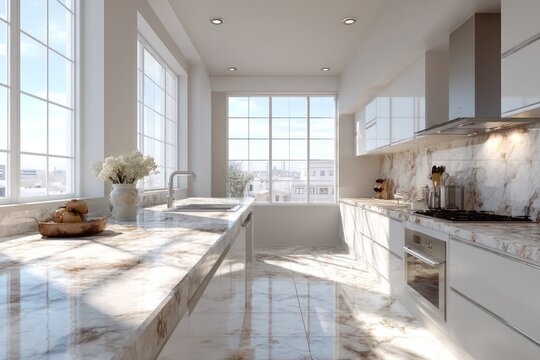 modern kitchen with marble countertops and large windows