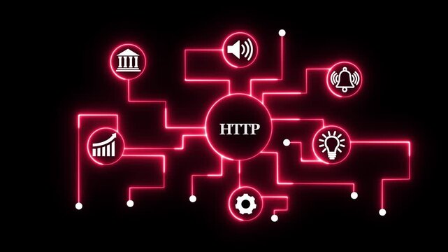 Dynamic http protocol network connection infographic with glowing red neon interface representing digital data transfer, global communication systems, cyber security infrastructure, and web
