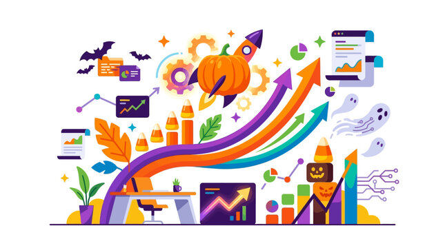 Halloween business growth concept illustration with a pumpkin rocket launching, rising data arrows, ghosts, bats, and candy corn bar charts for seasonal marketing and analytics.