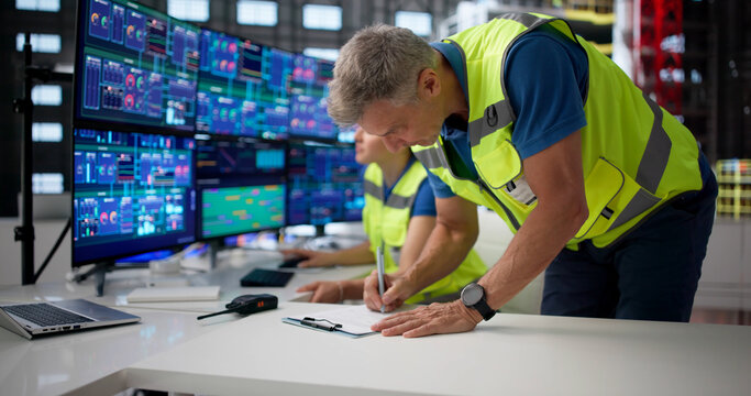 Two Engineers Discuss Shift Handover While Monitoring Rocket Data