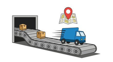 Naklejka premium Delivery Truck on Conveyor Belt with Map and Location Pin - Logistics Concept