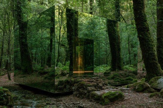mirrored cabin blending into forest environment