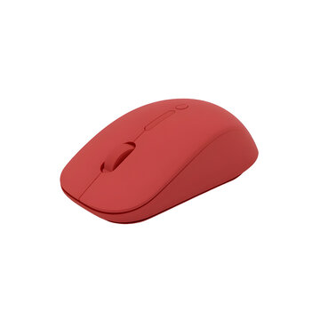 Red wireless computer mouse with ergonomic design and buttons on transparent background