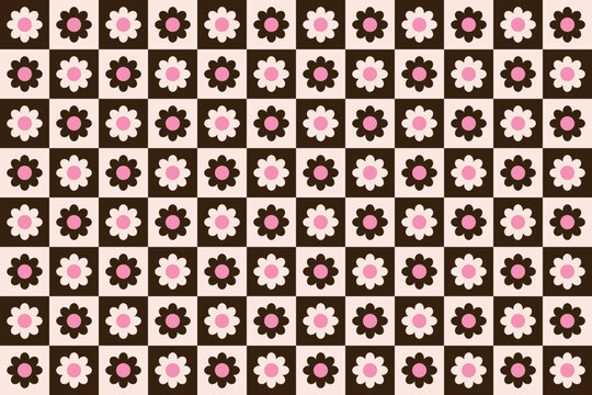 Retro Floral Checkerboard Seamless Pattern Vector Background