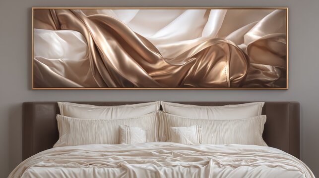 Luxurious bedroom features a large framed artwork depicting draped flowing fabric above a neatly made bed.