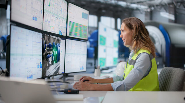 Woman Engineer Watches Multiple Screens Controlling Real-time Factory