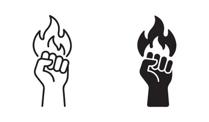 Fototapeta premium Flat design of strength icon with raised fist and flame symbols isolated on white background.
