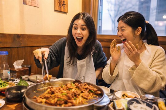 Friends Enjoying Ori Jumeokbap, Authentic Korean Spicy Marinated Duck Stir-fry, Sharing a Delicious Meal with Exaggerated Expressions of Joy and Cultural Exchange.