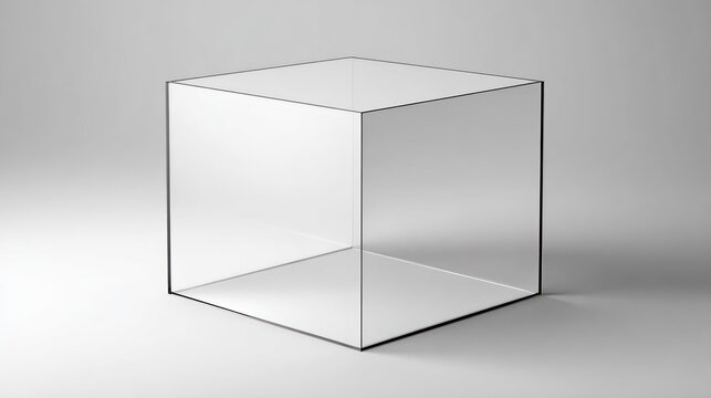 Transparent geometric cube shape rests upon a neutral  surface