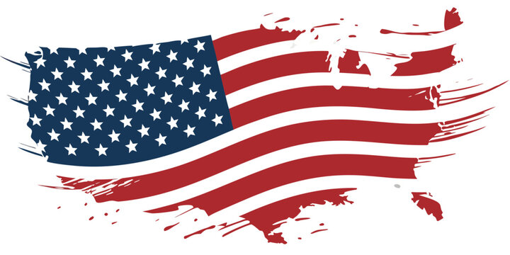 Abstract illustration of the united states map shaped like a waving american flag with grunge paint brush stroke effects map shape national emblem american patriotic illustration national