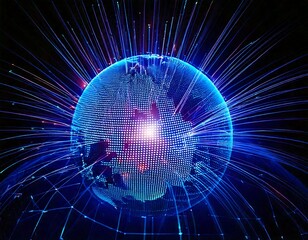 Obraz premium Abstract glowing digital globe with intricate fiber optic network radiating outwards representing futuristic global communication and data flow.