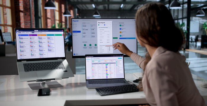 Woman Uses Payroll Software On Laptop