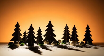 Obraz premium Miniature decorative christmas trees and ornaments on artificial snow against an orange background