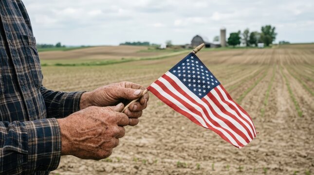 A farmer holds an American flag in a field, symbolizing patriotism and agricultural heritage