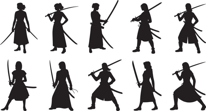 Detailed silhouettes of female, warriors, carrying swords, in multiple poses