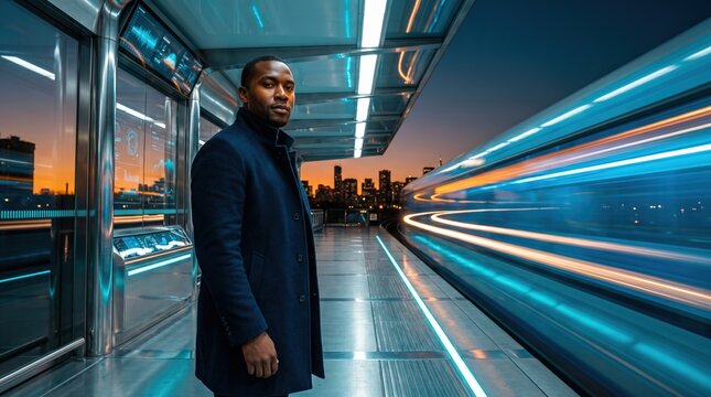 Black businessman in navy coat standing on modern train platform with motion blur high speed train and city skyline for urban commuting