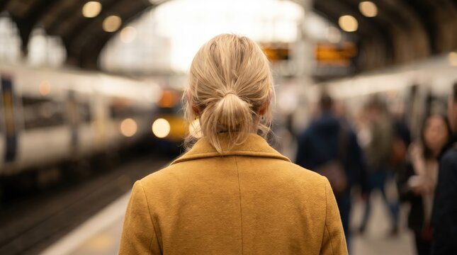 Woman seen from behind standing on busy train station platform with blurred trains for public transport and daily commute themes