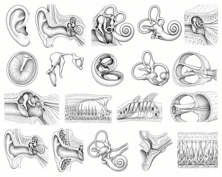 Anatomy of the Ear: Detailed anatomical illustrations of the human ear, showcasing its intricate structure from the outer auricle to the inner cochlea and ossicles, presented in a clear.
