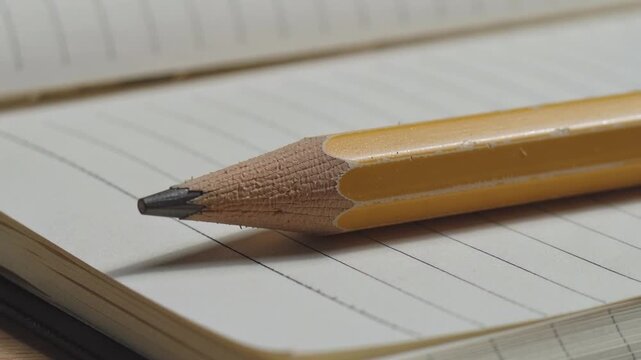 Yellow pencil positioned on lined notebook pages, showcasing gradual focus shift and texture details in a well-lit indoor setting with wooden surface