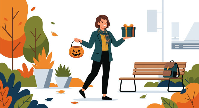 Flat vector illustration of a woman in autumn attire walking in a park, holding a Halloween pumpkin bucket and a gift box, with fall foliage, trees, and a wooden bench in the background.