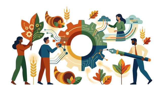 Flat vector illustration of diverse people collaborating on a central gear merging digital circuits with traditional Thanksgiving symbols including cornucopias, wheat, and autumn leaves.